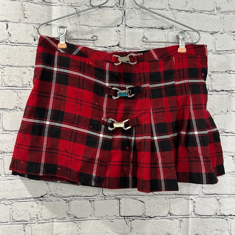 Red Plaid Mini Skirt with Buckle Details